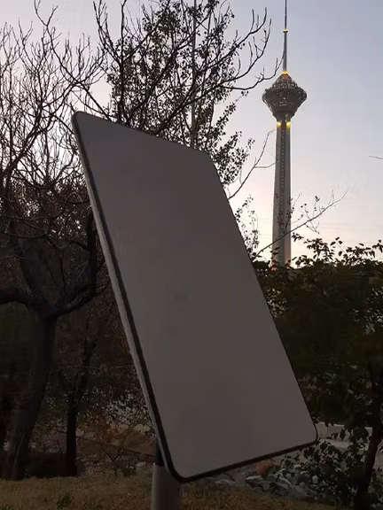 Starlink satellite dish set up near the iconic Milad Tower in Tehran (Undated)