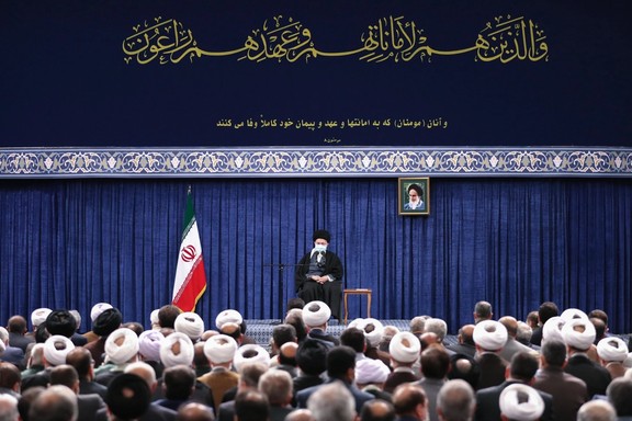 Iran’s ruler Ali Khamenei during a meeting with senior officials of the Islamic Republic on April 4, 2023