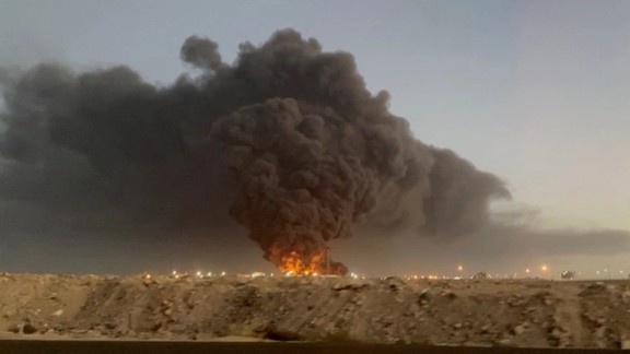 Explosion and flames after a Houthi attack on Saudi oil facilities on March 25, 2022