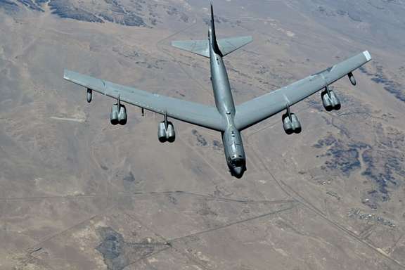 A B-52H Stratofortress bomber in flight over the Middle East