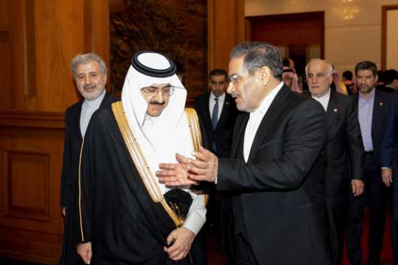 Secretary of Iran's Supreme National Security Council Ali Shamkhani talks with Minister of State and national security adviser of Saudi Arabia Musaad bin Mohammed Al Aiban in Beijing, March 10, 2023