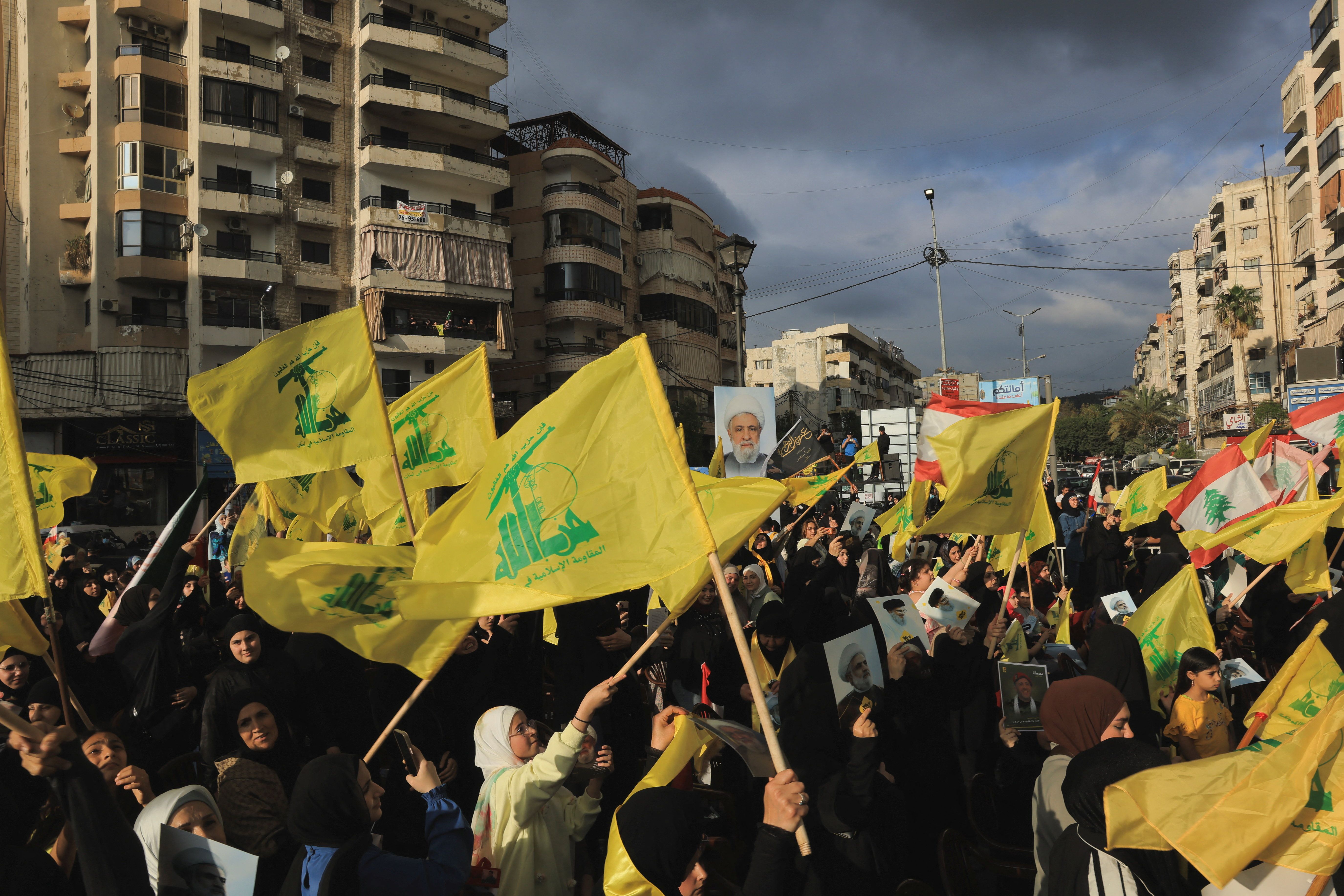 Hezbollah flags are raised in the southern suburbs of Beirut, Lebanon, on May 25, 2026.