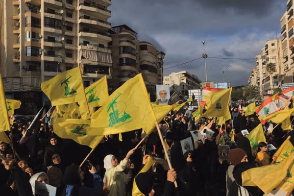 Hezbollah flags are raised in the southern suburbs of Beirut, Lebanon, on May 25, 2026.