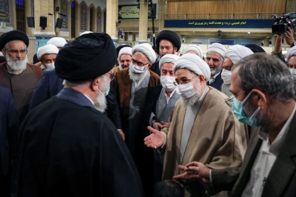 Iran’s ruler Ali Khamenei speaking to some members of the Assembly of Experts in Tehran on February 23, 2023
