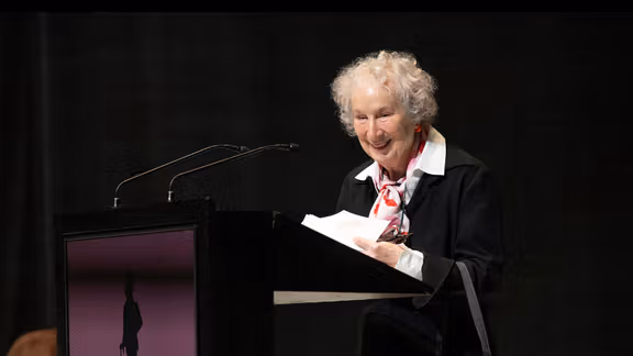 The Canadian author Margaret Atwood gives a speech after receiving the H.C. Andersen Literature Prize 2024 at the concert hall Odeon in Odense, October 27, 2024.