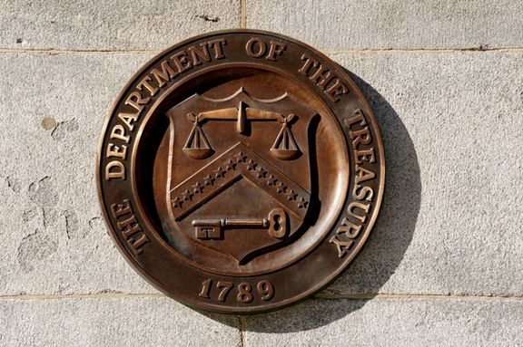 A bronze seal for the Department of the Treasury is shown at the US Treasury building in Washington, January 20, 2023.
