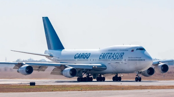 A view of the Boeing 747 aircraft registered with the number YV3531 of Venezuelan Emtrasur Cargo airline, at the Cordoba International airport in Argentina, June 6, 2022
