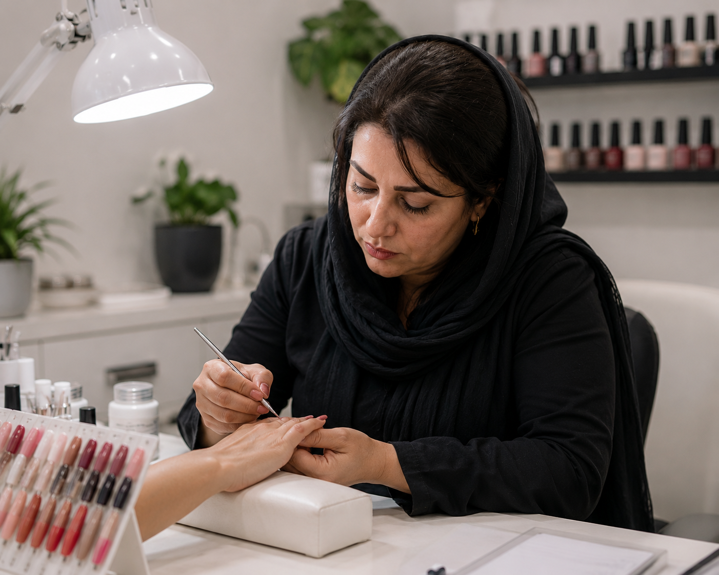 An AI-generated image shows an Iranian nail and manicure instructor works on a client at her salon.