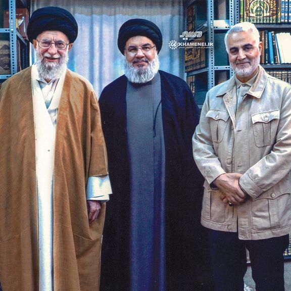 Iran’s Supreme Leader Ali Khamenei (left), Hezbollah Secretary-General Hassan Nasrallah (center) and former IRGC Quds force commander Qasem Soleimani (file photo)