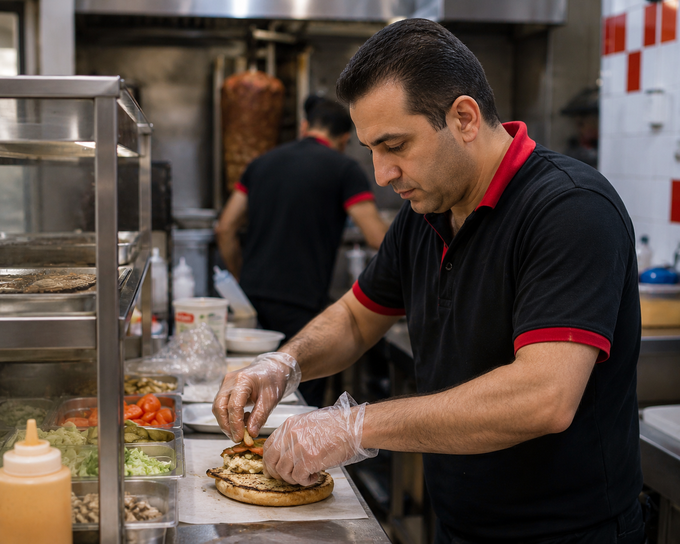 An AI-generated photo shows a fast-food restaurant worker preparing sandwiches at his shop.