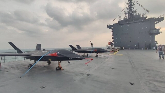 An image of the Qaem drone on the deck of the Bagheri vessel