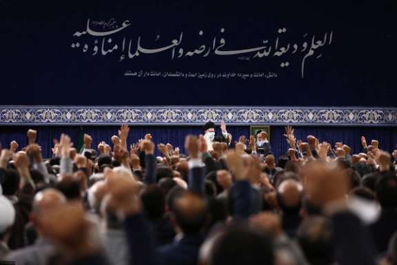 Iran’s ruler Ali Khamenei during a meeting with a group of nuclear experts and officials in Tehran on June 11, 2023
