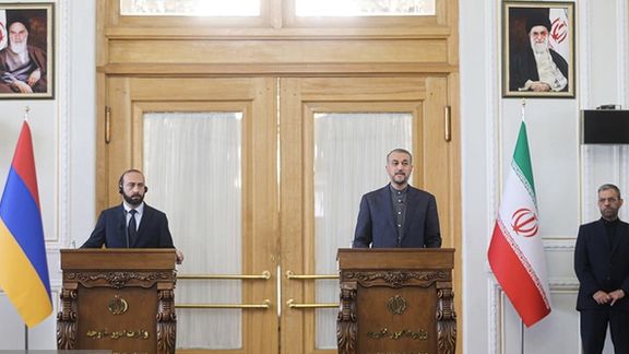 Iranian Foreign Minister Hossein Amir-Abdollahian (right) and his Armenian counterpart Ararat Mirzoyan during a joint press conference in Tehran on July 24, 2023