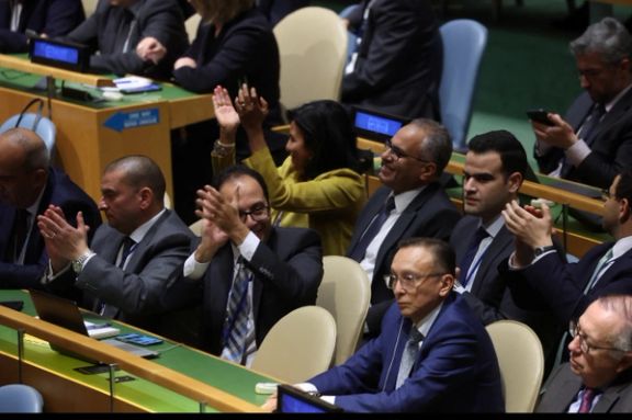 Diplomats applaud after the adoption of a draft resolution during an emergency special session of the UN General Assembly on the ongoing conflict between Israel and Hamas, at UN headquarters in New York City, US, October 27, 2023.