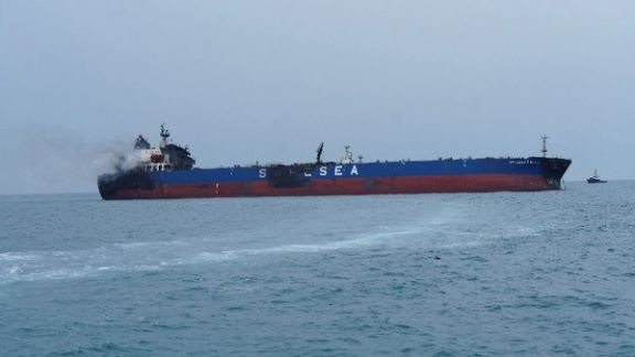 A foreign tanker carrying Iraqi fuel oil damaged after catching fire in Iraq's territorial waters, following unidentified attacks that targeted two foreign tankers, according to Iraqi port officials, near Basra, Iraq, March 12, 2026.