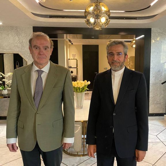 Deputy Secretary General of the European External Action Service Enrique Mora (left) and Iran’s Chief Nuclear Negotiator Ali Bagheri-Kani in Qatar on June 21, 2023