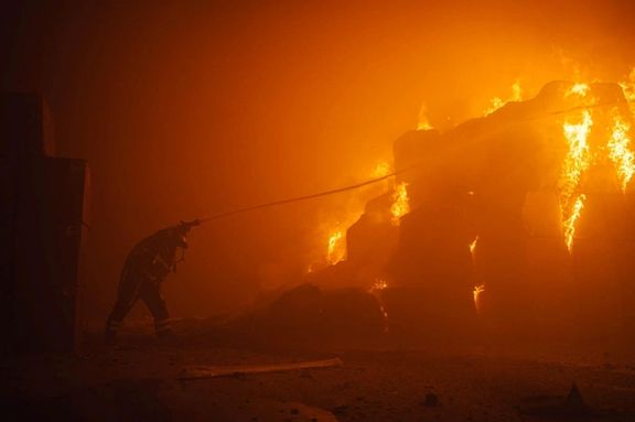 The aftermath of an Iranian-made drone hitting a factory in Kyiv, in May 2023