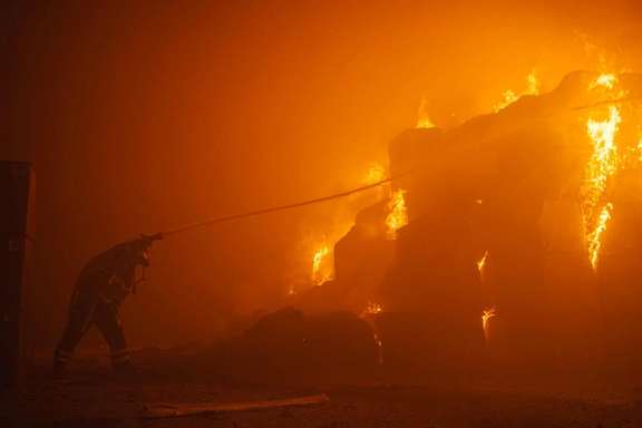 A blaze in a factory in Kyiv after a Russian attack using Iranian drones on May 28, 2023
