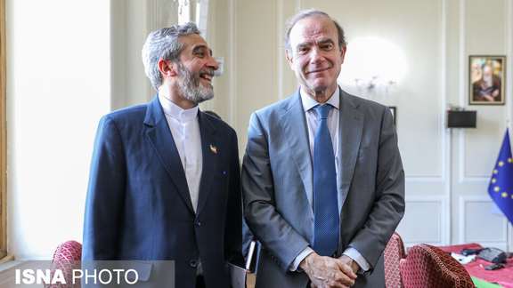 Iran's chief nuclear negotiator Ali Bagheri-Kani (left) and Deputy Secretary General of the European External Action Service (EEAS), Enrique Mora