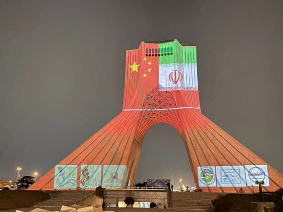 The Chinese flag projected unto Iran's Freedom Monument. January 31, 2022
