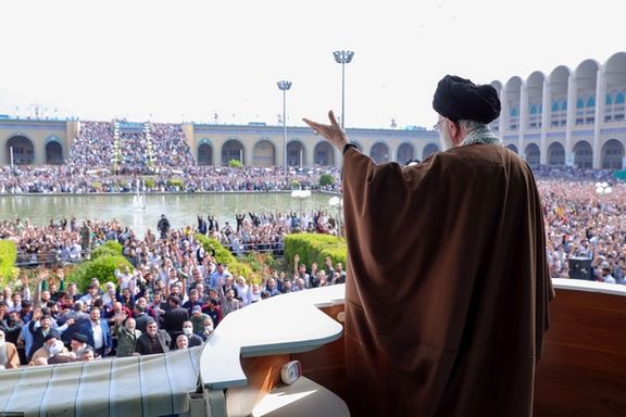 Iran’s ruler Ali Khamenei addressing his supporters at Tehran’s Mosalla on April 22, 2023