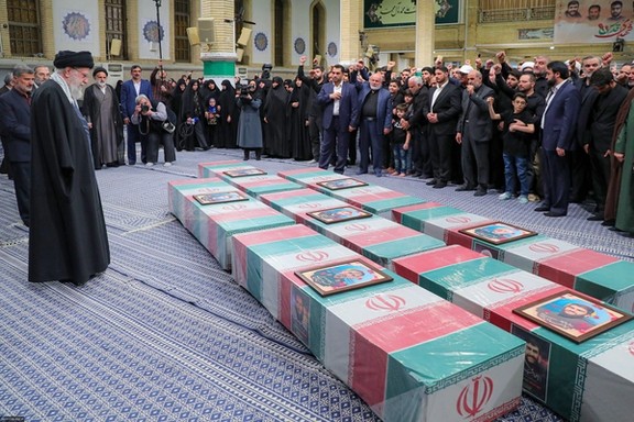 Iran's Supreme Leader Ali Khamenei attends a praying procession for the coffins of seven Revolutionary Guard Corps members killed in a strike on the country's consular annex in Damascus. (Tehran, April 4, 2024)