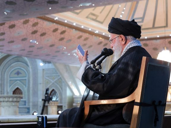 Iran's supreme leader Ali Khamenei speaks at a ceremony to mark the death of his predecessor, Ruhollah Khomeini, Tehran, Iran, June 4, 2025