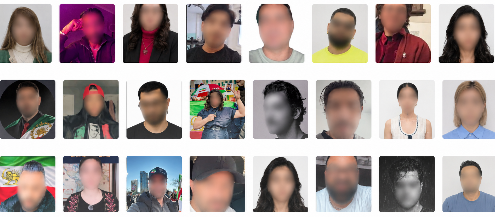 Photos published by Iran’s Alaj platform show Iranians abroad targeted by the project, which asks members of the public to help identify and report overseas opponents of the Islamic Republic.