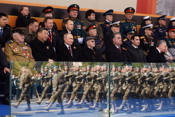 Russian President Vladimir Putin, Chinese President Xi Jinping, Tajik President Emomali Rahmon, Turkmen President Serdar Berdimuhamedov and Uzbek President Shavkat Mirziyoyev, attend a military parade on Victory Day, Moscow, Russia, May 9, 2025.