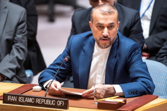 Iran's Foreign Minister Hossein Amir Abdollahian speaks to members of Security Council during a meeting to address the situation in the Middle East, including the Palestinian question, at UN headquarters in New York City, New York, US, April 18, 2024.