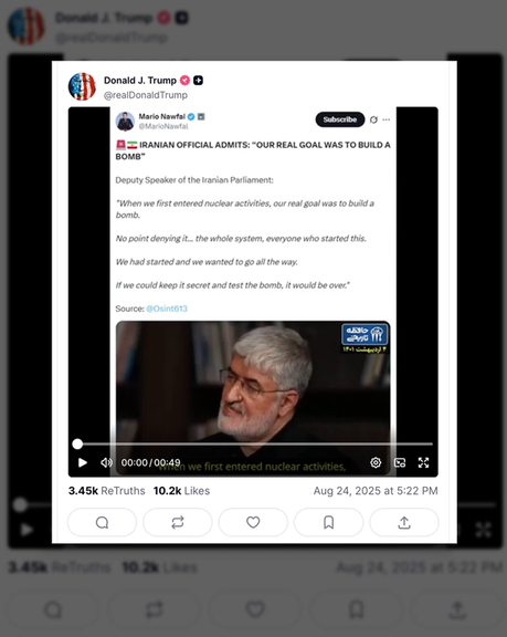 دونالد ترامپ اظهارات مطهری درباره هدف جمهوری اسلامی برای «ساخت بمب اتم» را بازنشر کرد