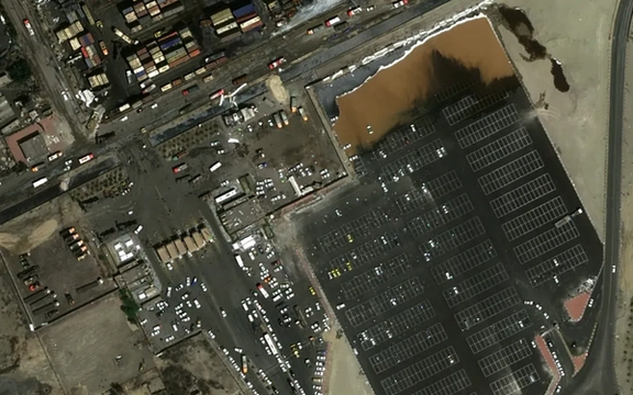 Area No. 3: administrative section of Rajaei port — signs of damage are evident in the parking lot and the roofs of administrative buildings