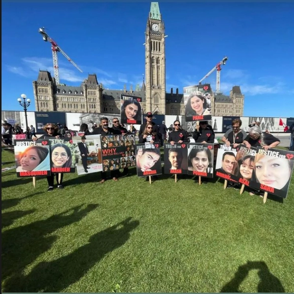A gathering by the families of victims of Ukrainian flight PS752 in front of the Canadian Parliament in Ottawa on October 4, 2022