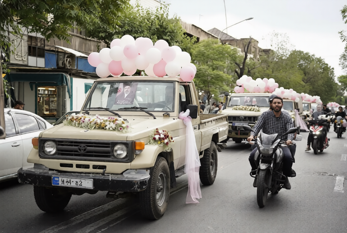 Military vehicles decorated for a wedding convoy drive through Tehran during a pro-government rally.