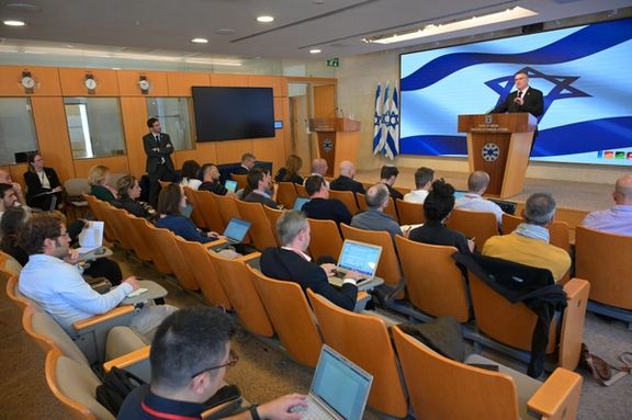Israeli Foreign Minister Gideon Sa’ar speaking during a press conference, November 11, 2024 (Credit: Shlomi Amsalem, Israel’s MFA)