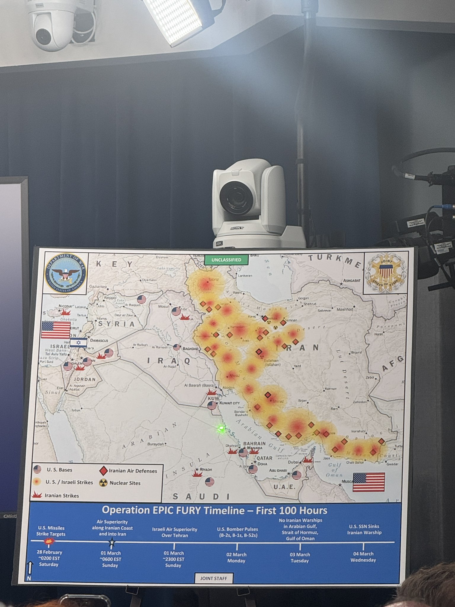 US military graphic map showing locations of operations and strikes in Iran during the ongoing conflict. 