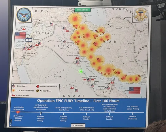 US military graphic map showing locations of operations and strikes in Iran during the ongoing conflict.