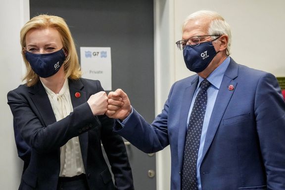 British Foreign Secretary Liz Truss greets European Union High Representative for Foreign Affairs and Security Policy Josep Borrell at the recent G7 meeting.