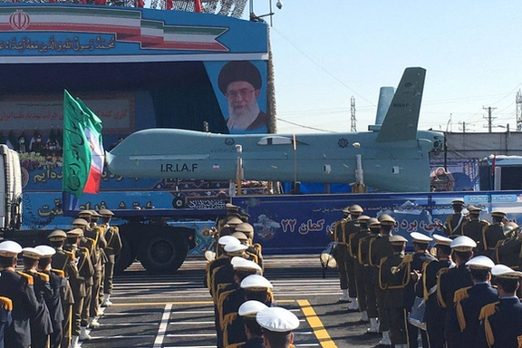 A large Iranian drone named Kaman on display in a parade, in April 2022