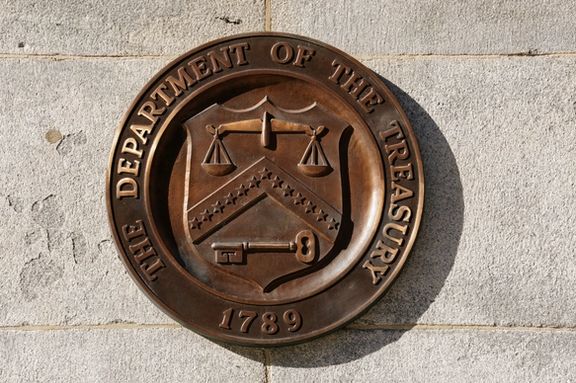 A bronze seal for the Department of the Treasury is shown at the US Treasury building in Washington