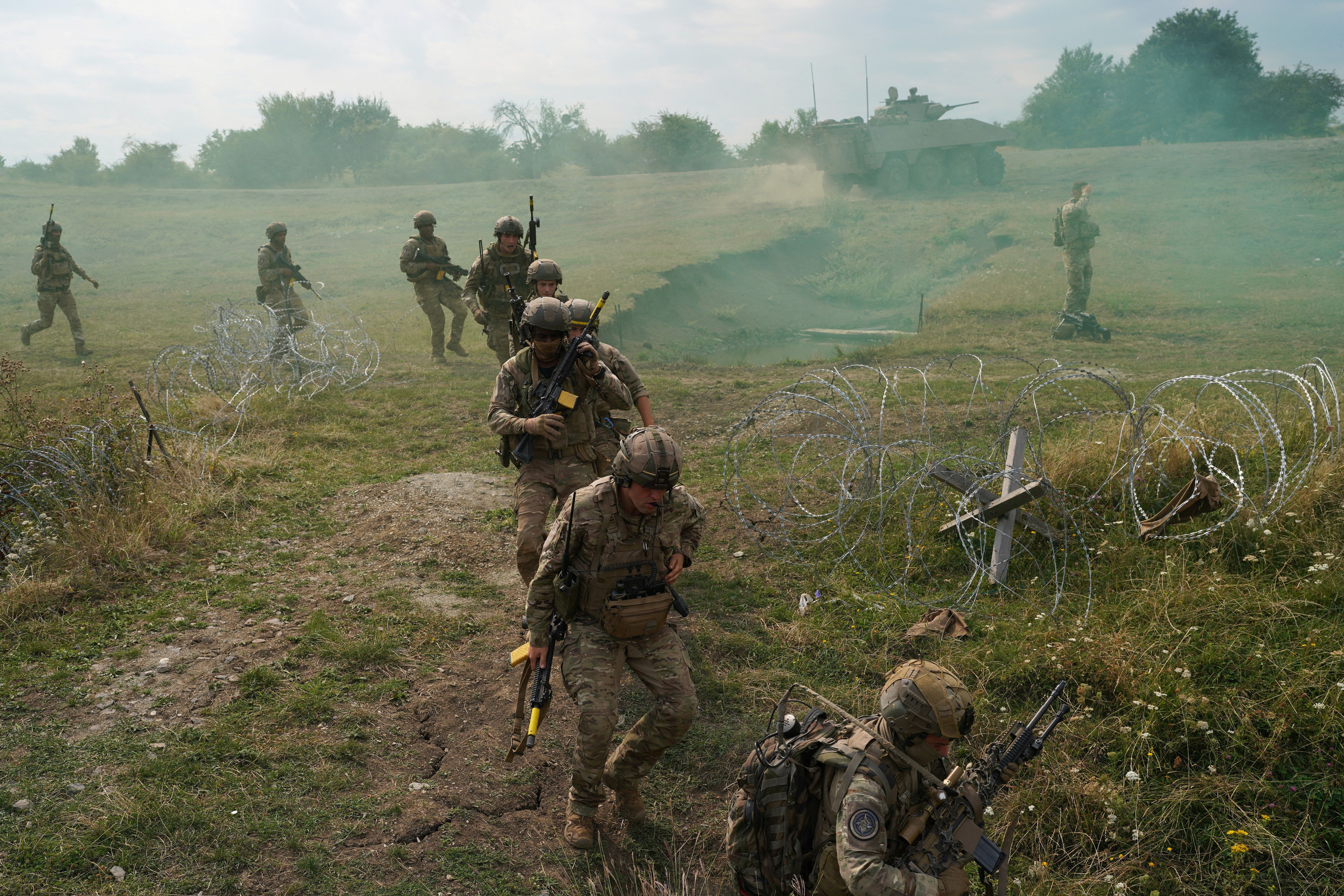 Soldiers take part in the NATO Eagle Spearhead drill with seven allies at the "Getica" National Joint Training Center in Cincu, Romania, August 18, 2026. 