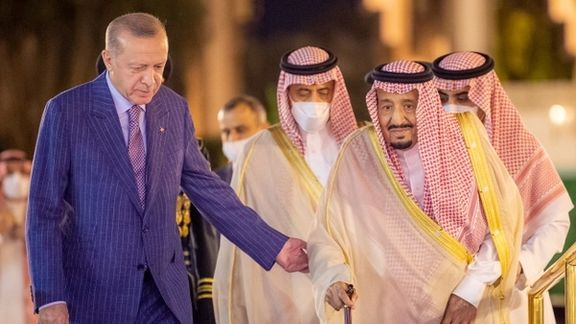 King of Saudi Arabia Salman bin Abdulaziz Al Saud meets Erdogan upon his arrival in Jeddah, April 28, 2022.