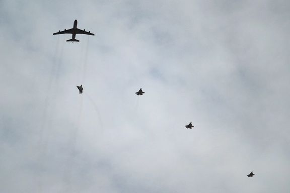 Four F-35I fighter jets escort a B707 refueler in preparation for Red Flag-Nellis 23-2 at Nellis Air Force Base, Nevada, March 8, 2023.
