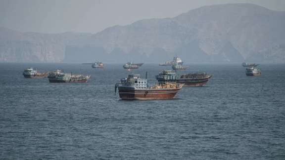 FILE PHOTO: Vessels at the Strait of Hormuz, as seen from Musandam, Oman, October 2, 2026. REUTERS/Stringer/File Photo