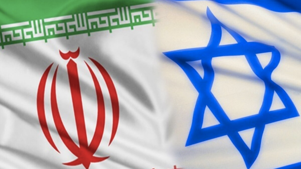 A combined photo of Iranian and Israeli flags  