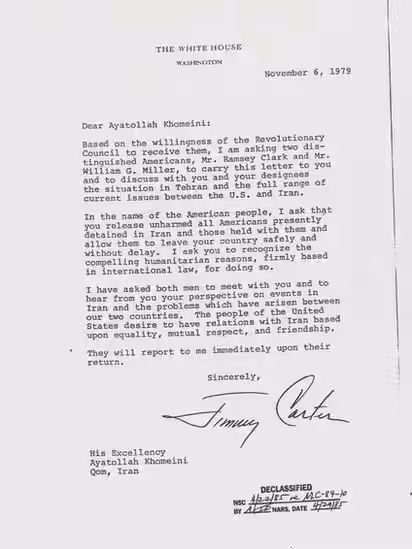 A photo of Carter's letter to Khomeini