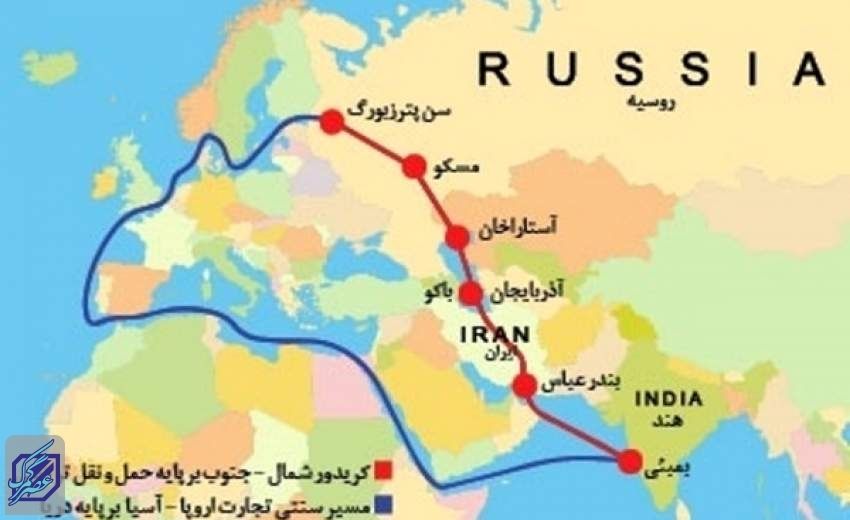 خط قرمز، تفاوت مسیر تجارت روسیه از طریق ایران و خطر آبی بدون ایران، از مسیر سنتی را نشان می‌دهد 