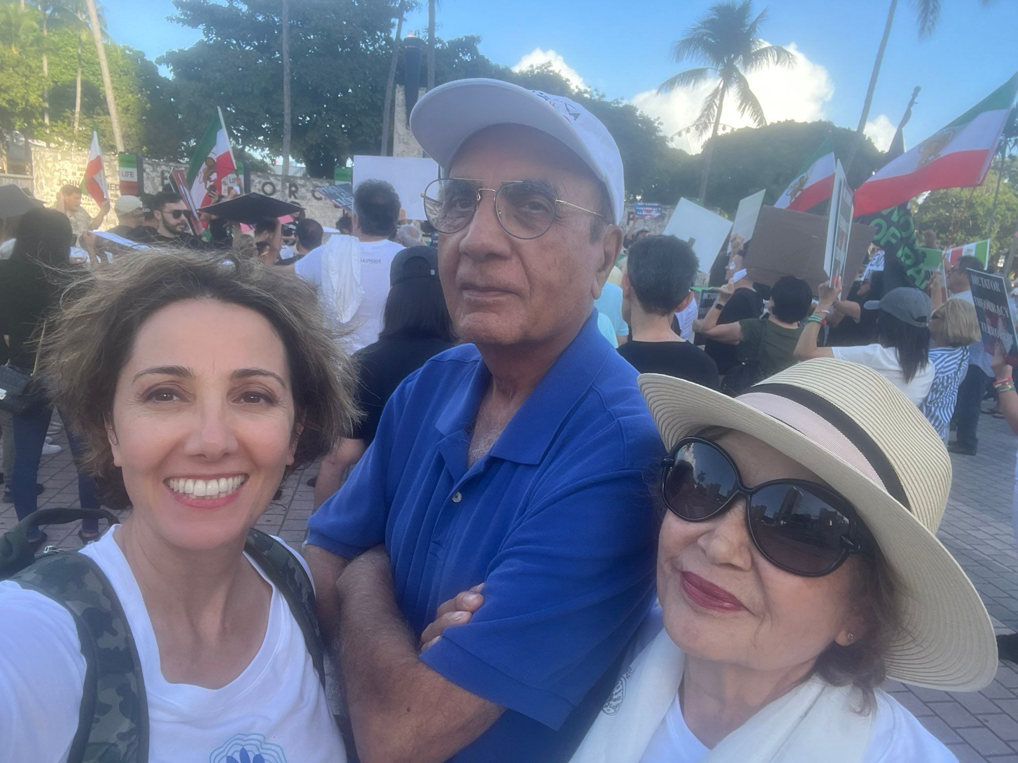 Former security official Parviz Sabeti with his wife and daughter in a rally against the Islamic Republic, California, US, February 2023