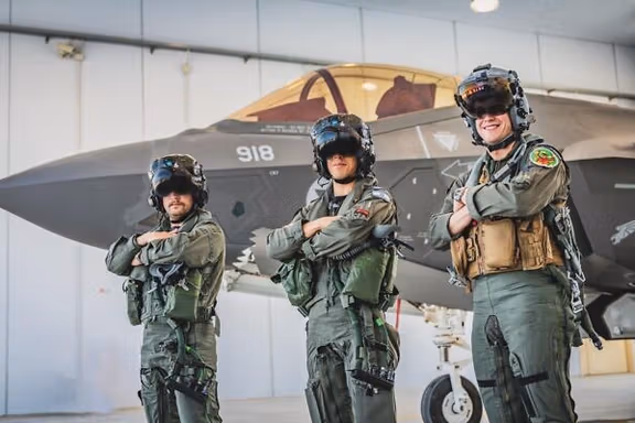 Israeli F-35 pilots next to their warplane. Undated