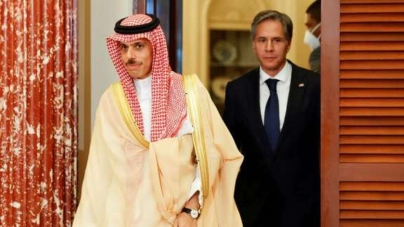 Saudi Foreign Minister Prince Faisal bin Farhan Al Saud with US Secretary of State Antony Blinken in Washington in October 2021